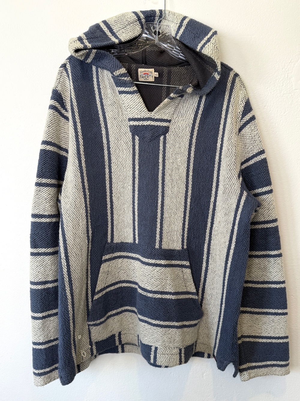 Faherty Men's Medium Baja Blanket Hoodie Blue Cream Striped Pullover